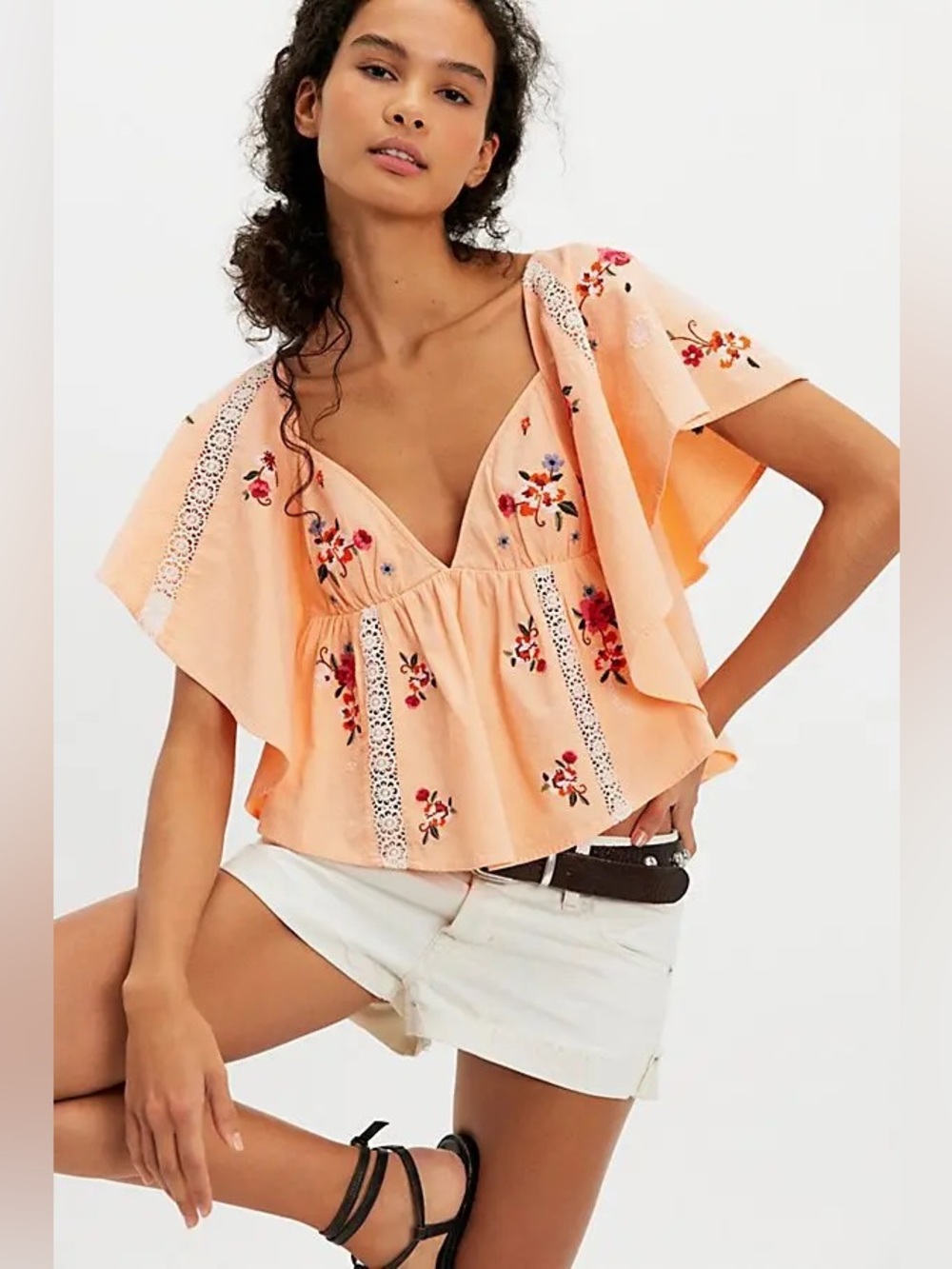 Free People Peach Embroidered V-Neck Flutter Top